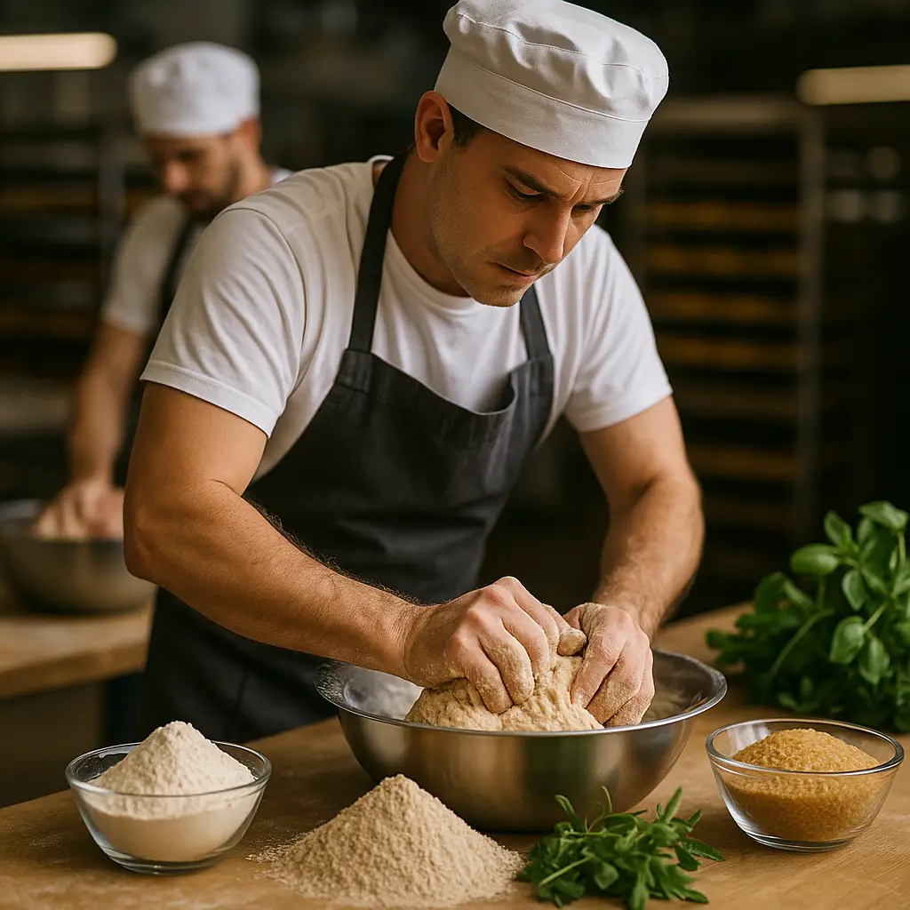 Man Gathering Ingredients for making pizza dough